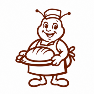 Cartoon bee dressed as a baker, smiling while holding a pie on a plate